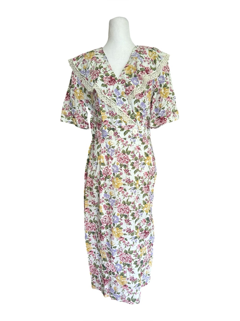 Impromptu Vintage Cottagecore Floral Dress Faux Wrap Lace Trim Sailor Collar 10